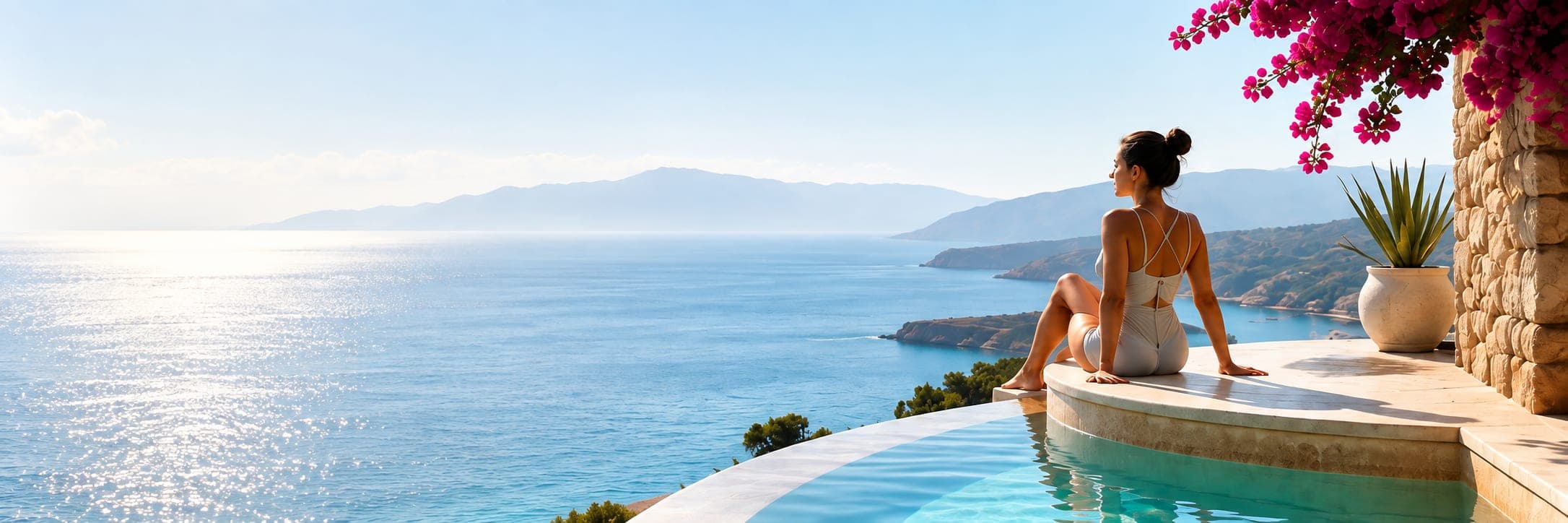 Woman resting by an infinity pool above the coast
