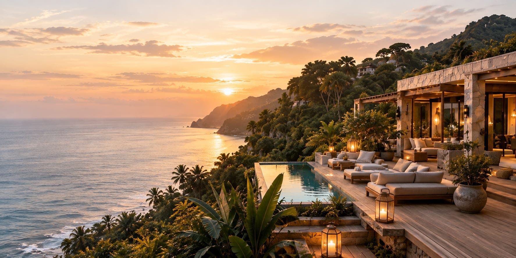 A villa terrace at sunset
