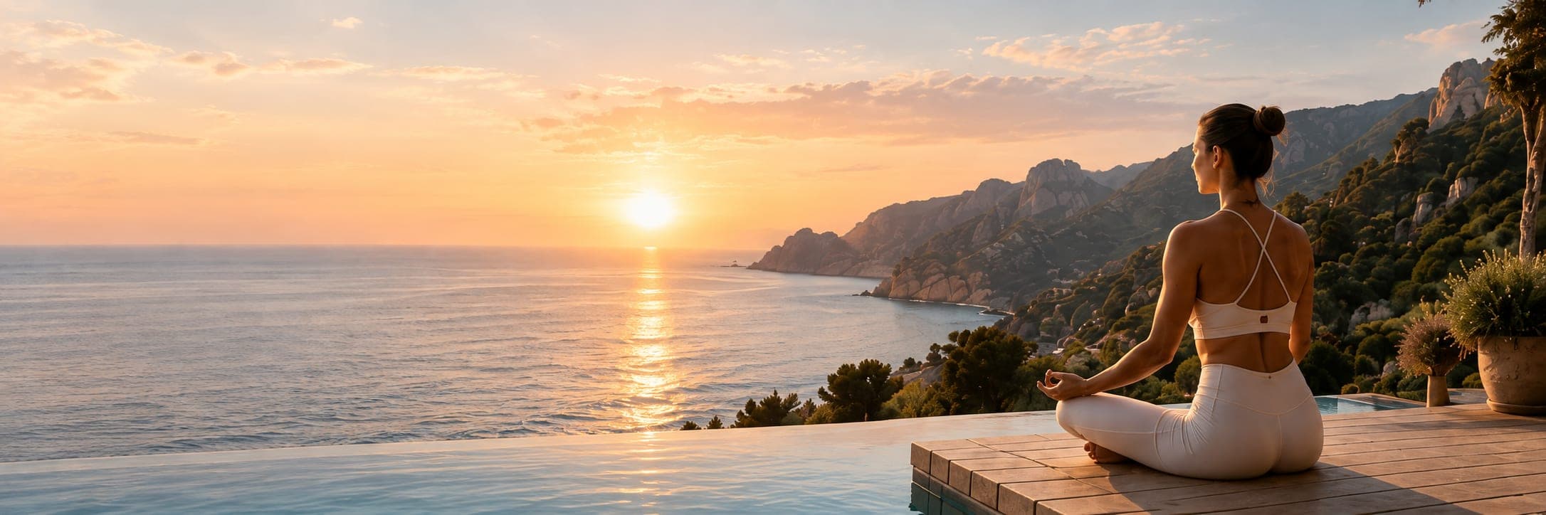 A woman meditating above the coast at sunrise