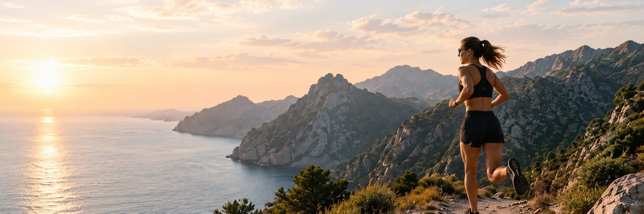 A traveller looking out over the coast at sunset