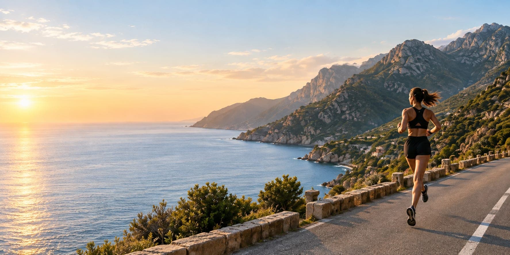 A runner on a coastal mountain road at sunrise