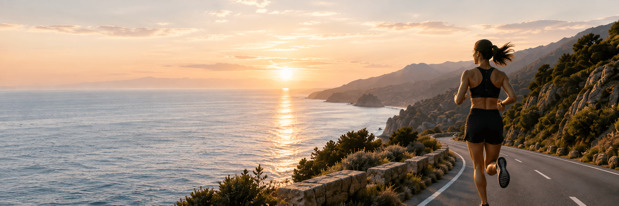 A runner on a coastal road at sunset